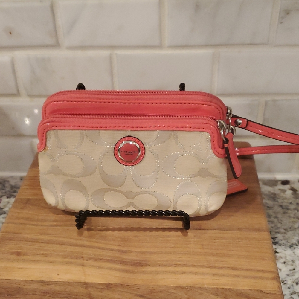 Coach Coral and Cream Signature Wristlet